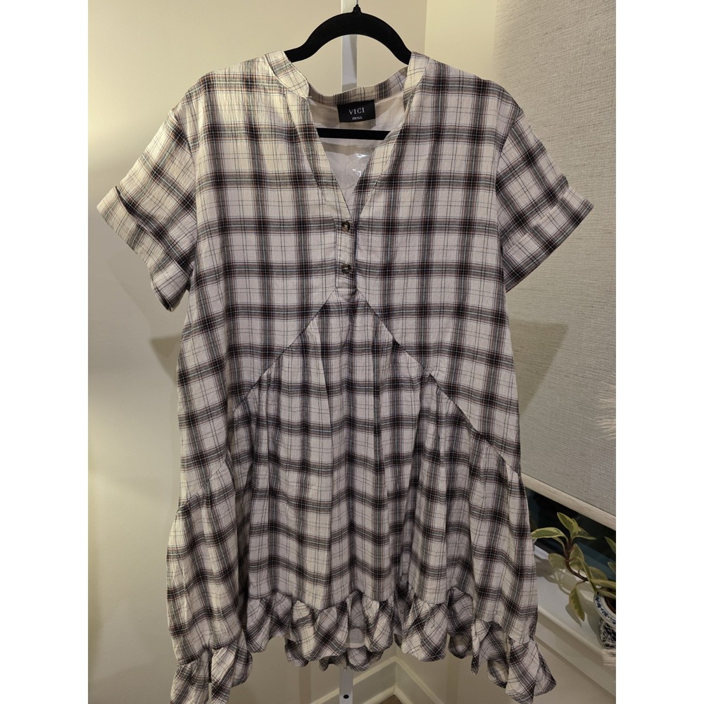 Crinkle Cotton Plaid Babydoll Midi Dress S Brown/White Boho Beachy NWOT - Picture 3 of 16